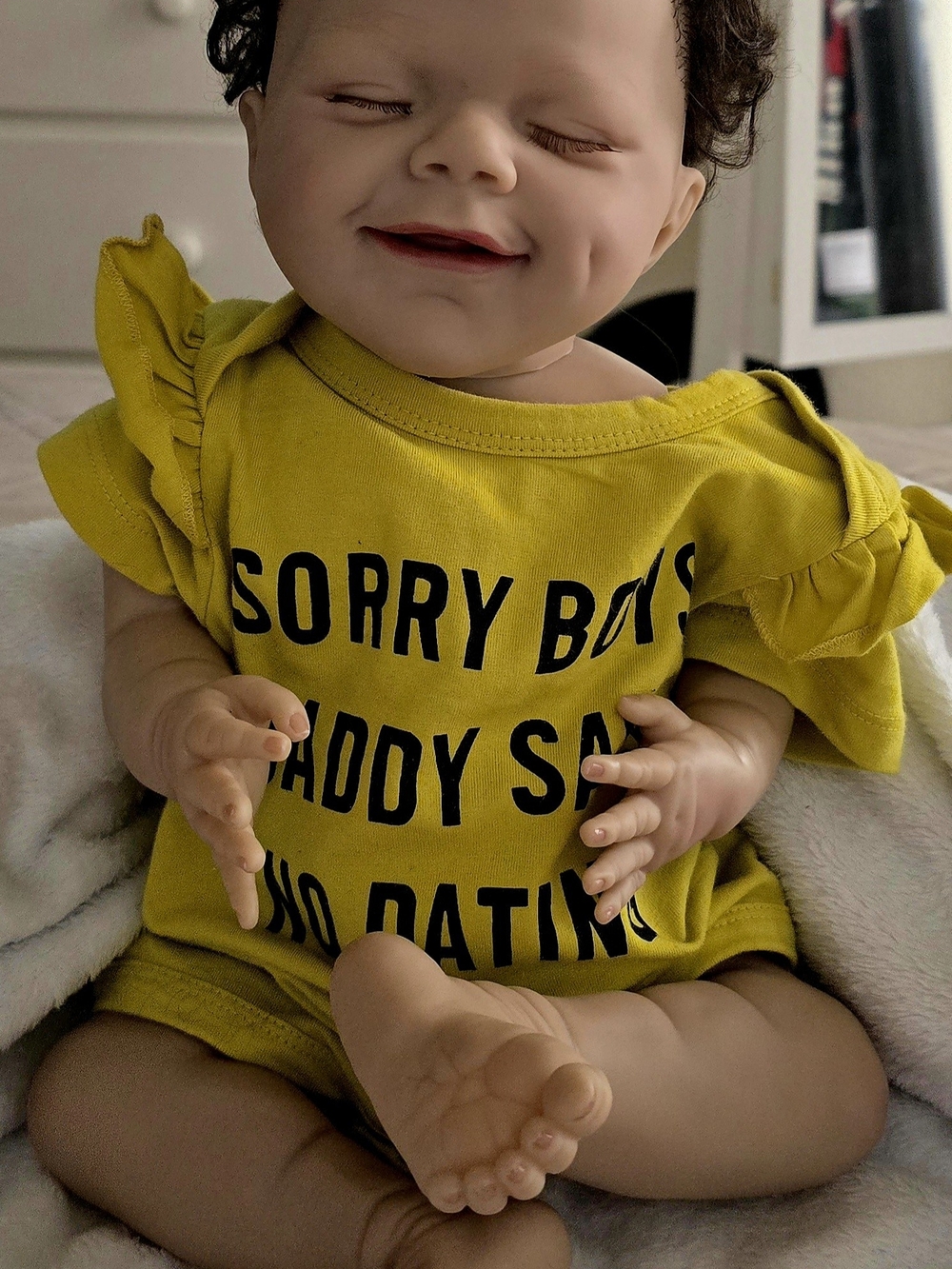 CUS-20 Silicone Reborn Baby Doll Curly Black Hair Light Complexion
